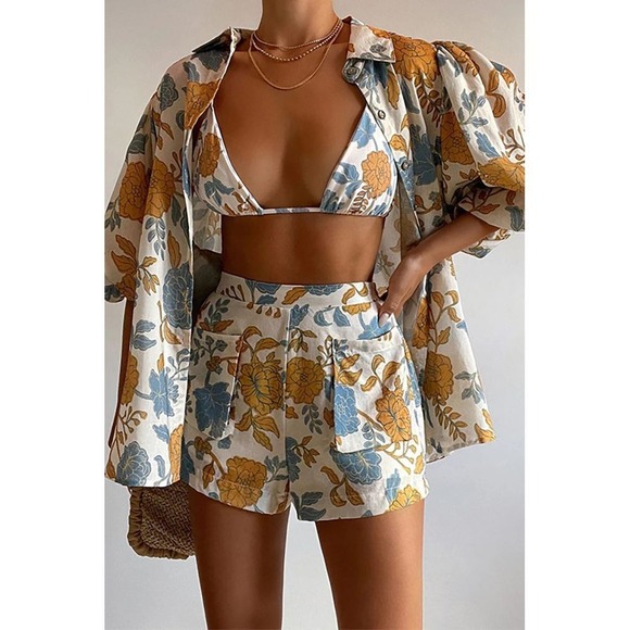 Micas Pants - Micas Elegant Floral 3-Piece Beach Set Shirt Shorts and Bikini Top Size Large